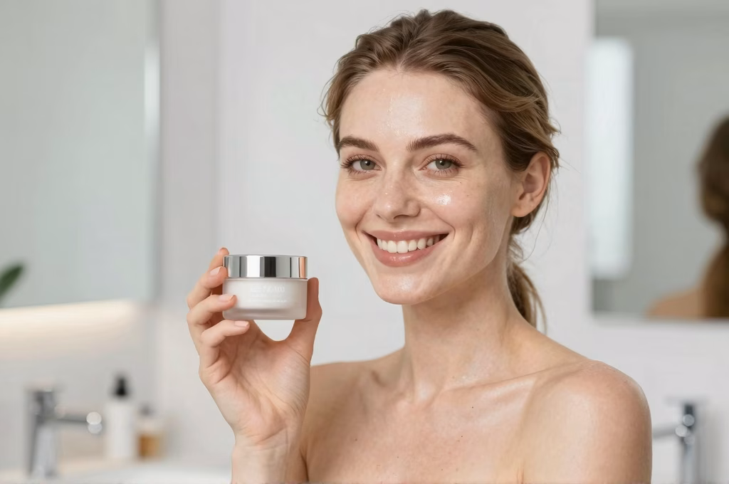 Femme souriante à la peau éclatante tenant un produit cosmétique dans une salle de bain moderne et lumineuse, exprimant confiance et bien-être