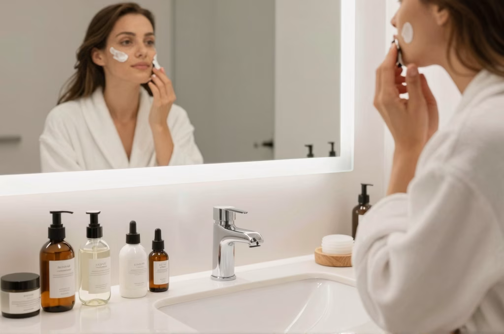 Salle de bain élégante avec produits de soins organisés, femme appliquant une crème visage devant un miroir illuminé dans une atmosphère spa relaxante