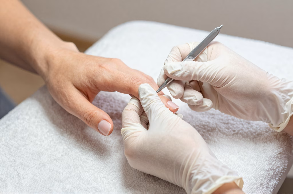 Manucure professionnelle réalisée à domicile par une esthéticienne