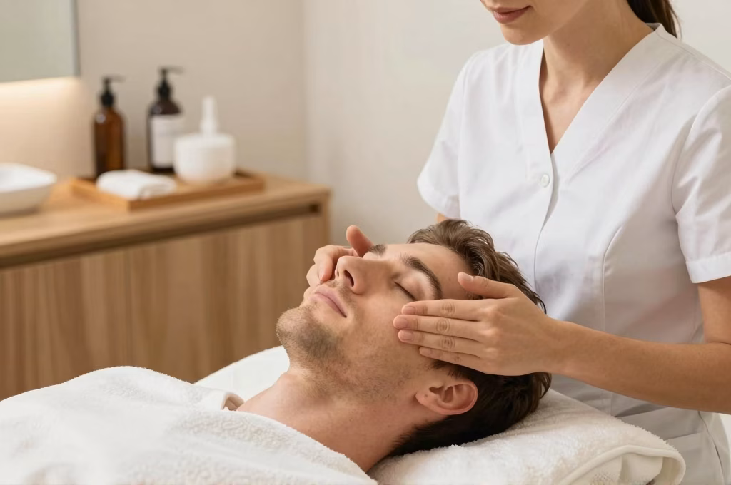 Homme recevant un soin du visage professionnel en institut de beauté moderne