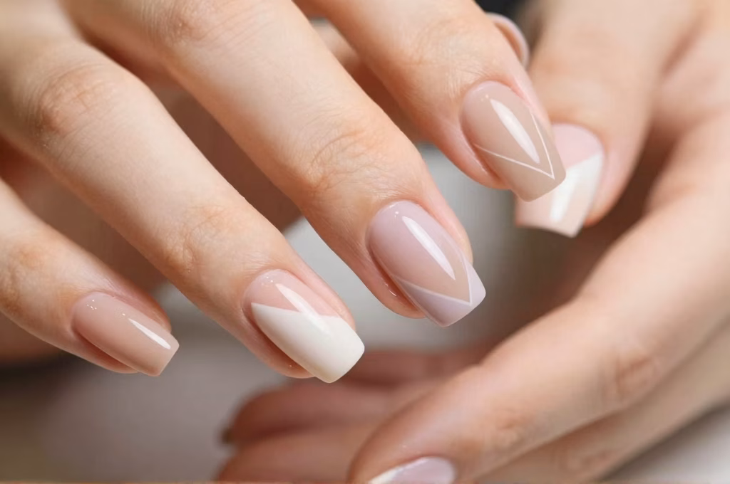 Designs de nail art modernes et tendance, motifs géométriques minimalistes en couleurs nude et pastel
