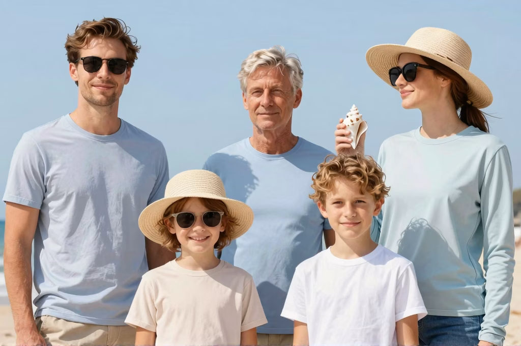 Famille protégée du soleil à la plage avec chapeau et lunettes de soleil