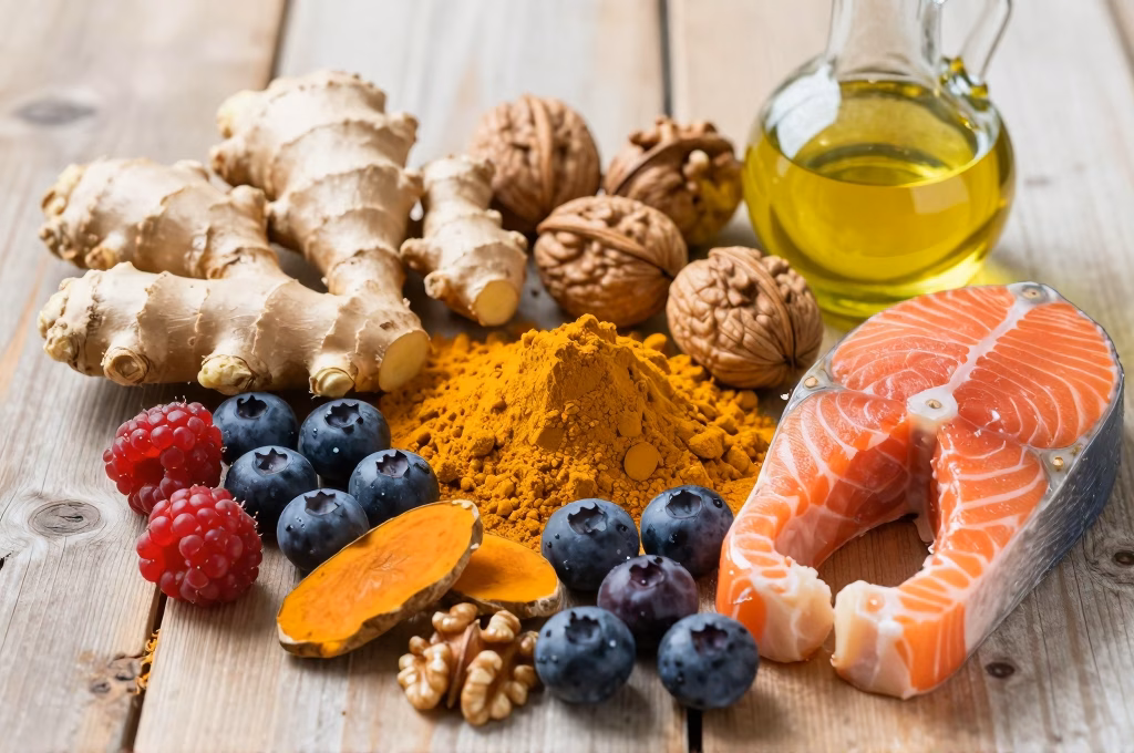 Aliments anti-inflammatoires colorés : gingembre, curcuma, baies, noix et poisson riche en oméga-3