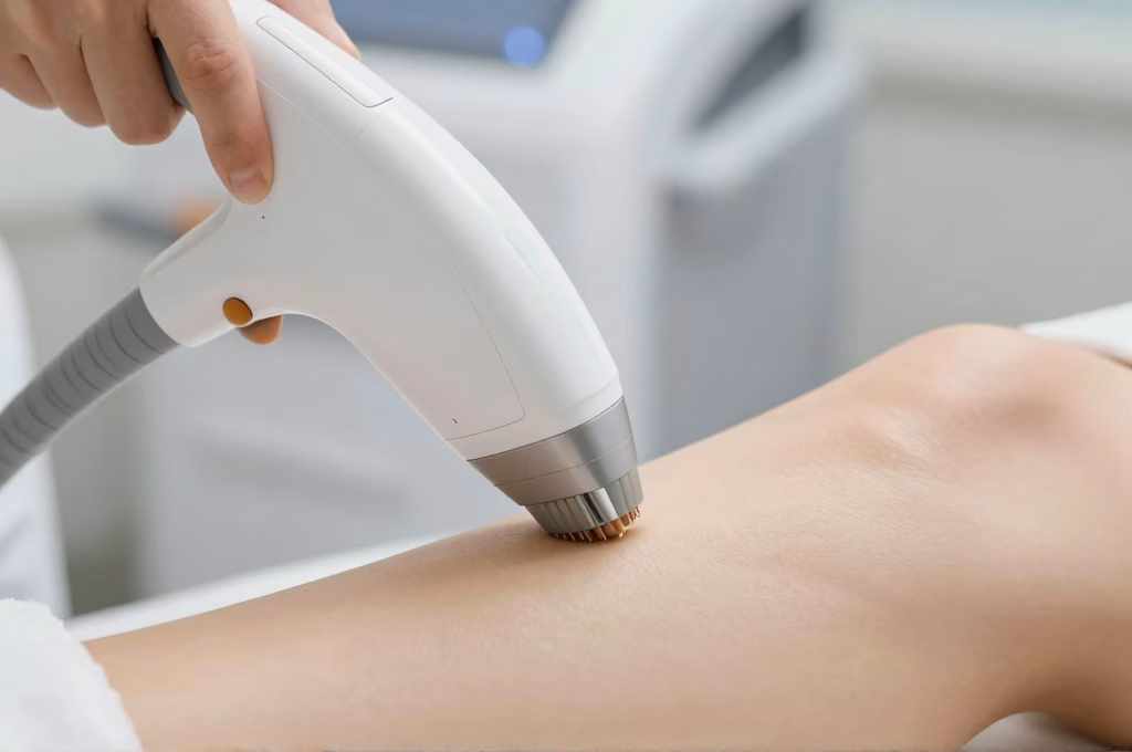 Application d'un dispositif laser professionnel d'épilation sur la peau lors d'une séance de traitement dermatologique