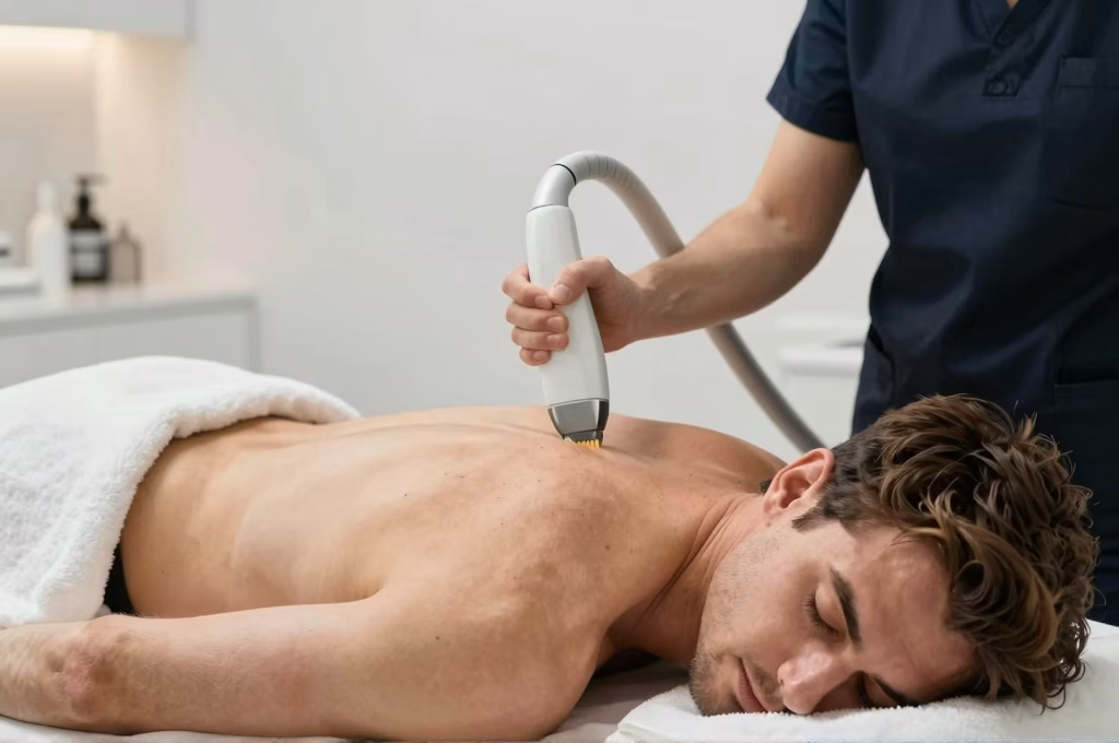 Homme recevant une epilation laser du dos dans un centre esthetique moderne