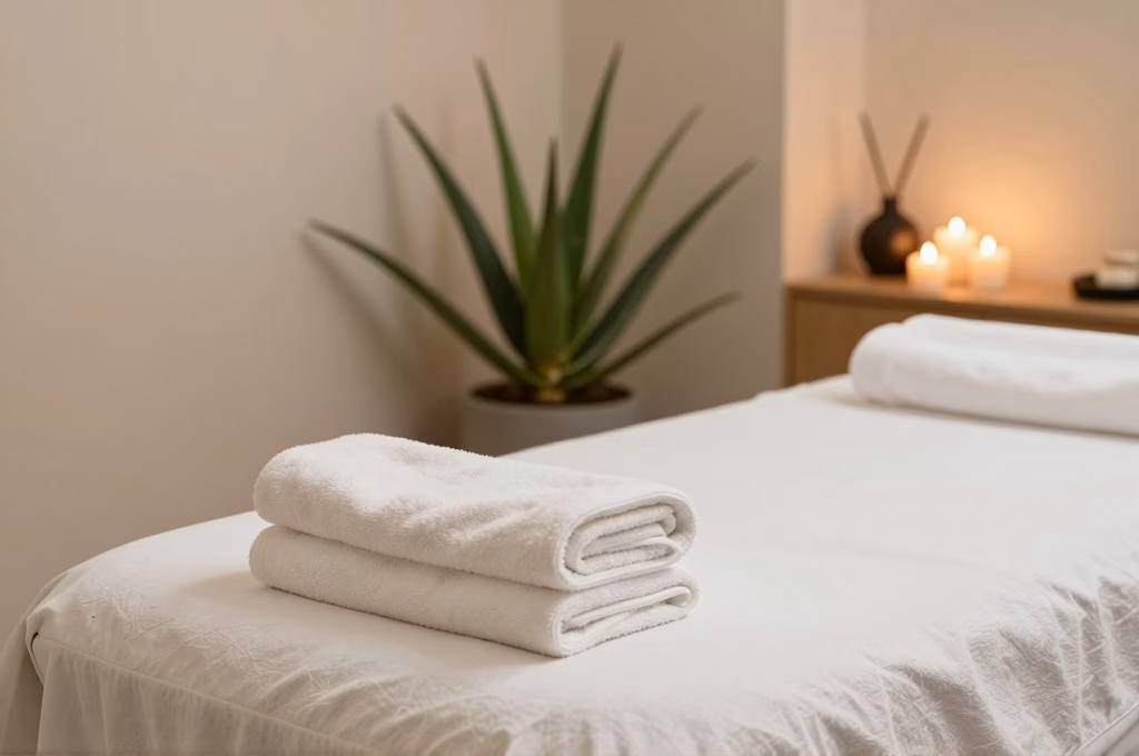 Espace de soins bien-etre avec lit de traitement et ambiance relaxante apres epilation laser