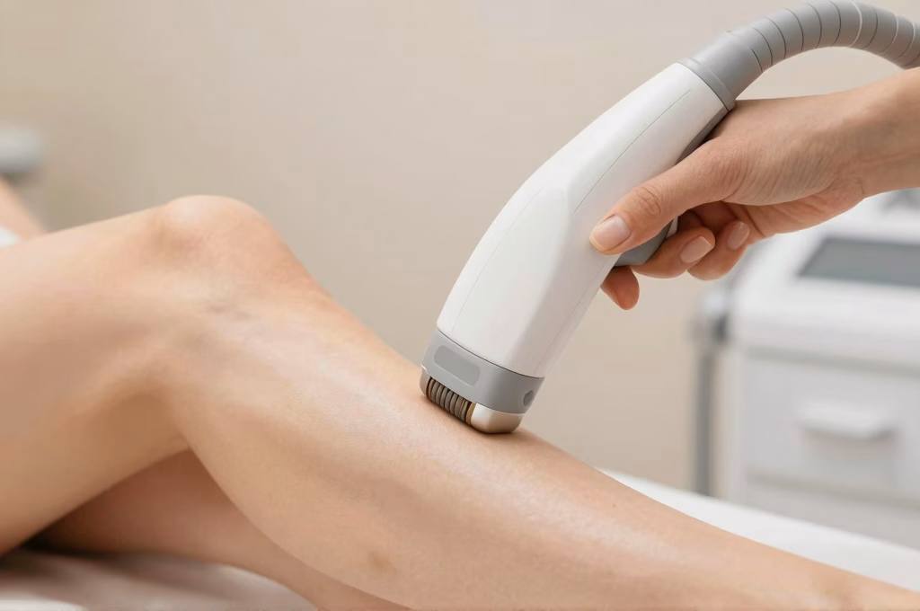 Traitement d'epilation laser sur jambe avec handpiece professionnel en institut specialise