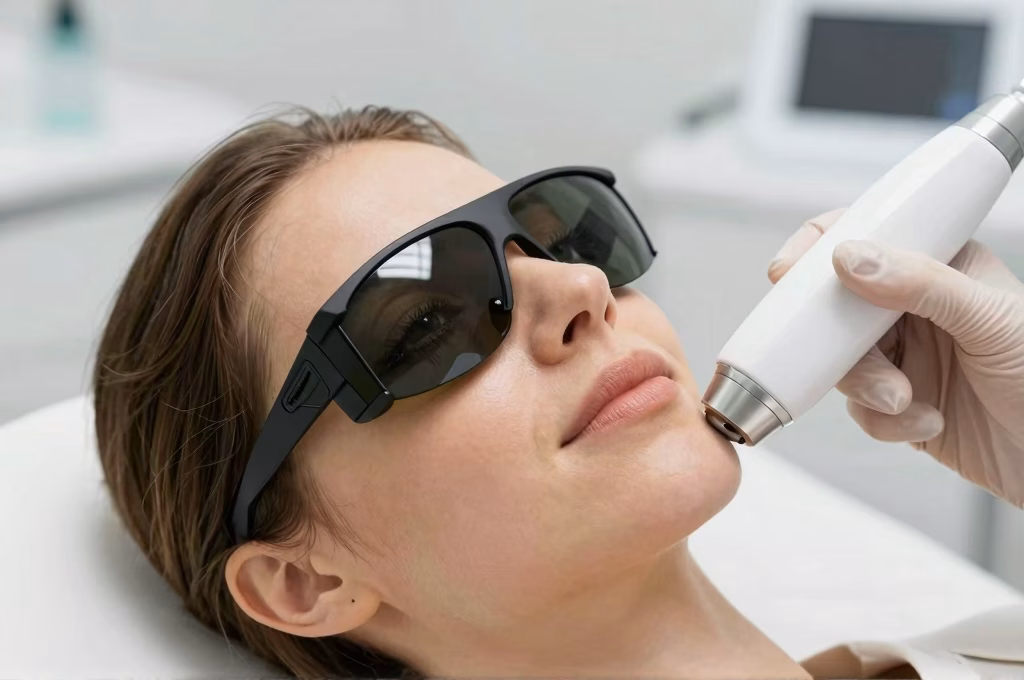 Traitement laser diode sur le menton avec lunettes de protection en clinique esthetique