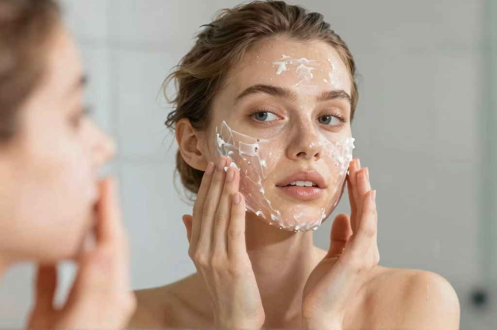 Femme appliquant un gommage visage avec des gestes circulaires doux sur la joue