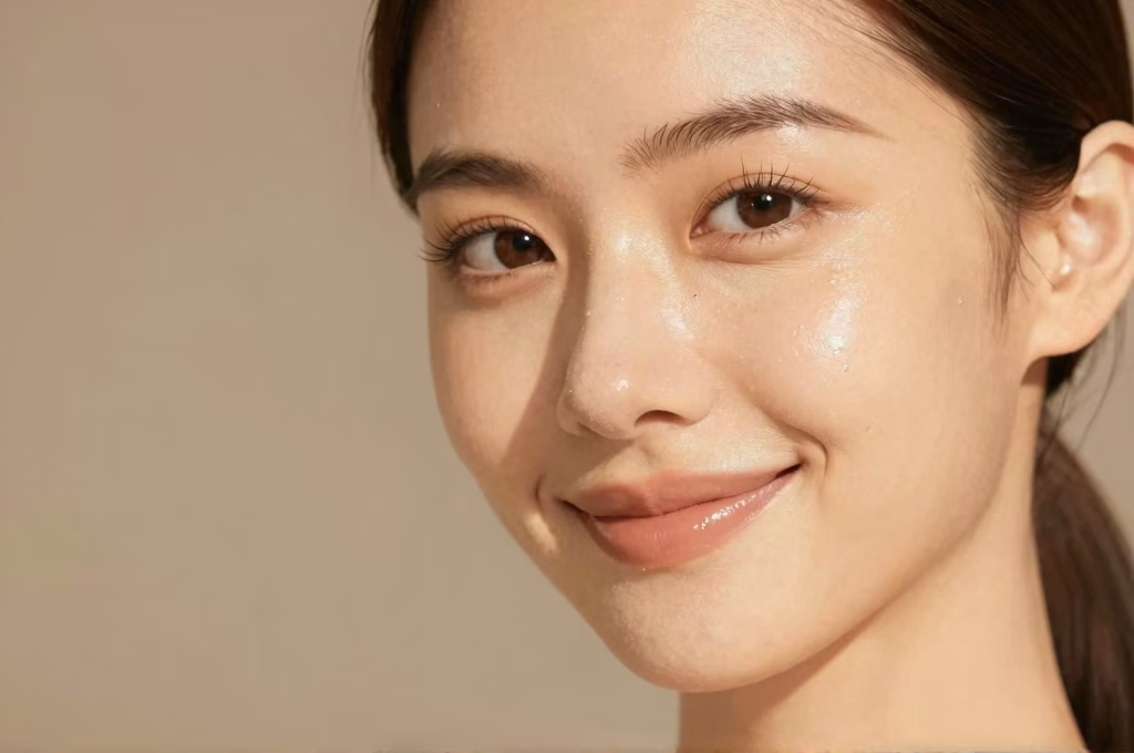 Visage feminin au teint eclatant et lumineux apres un soin exfoliant