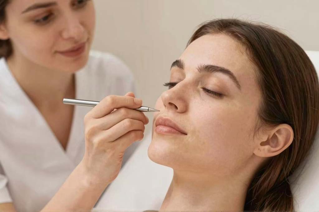 Esthéticienne professionnelle effectuant un diagnostic de peau détaillé