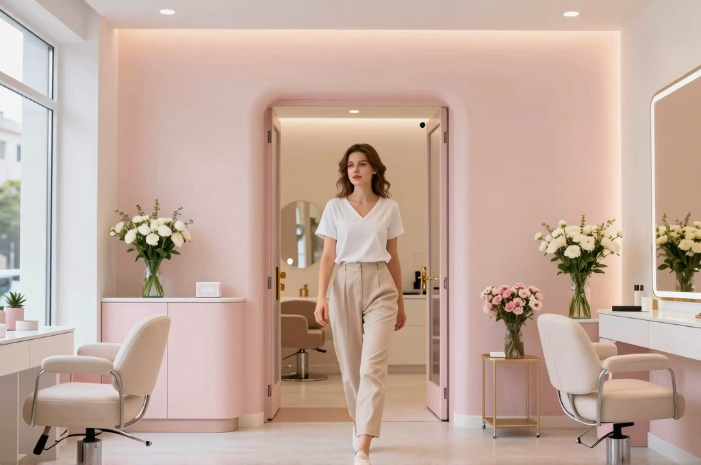 Femme entrant dans un institut de beaute moderne sans rendez-vous, interieur lumineux et accueillant