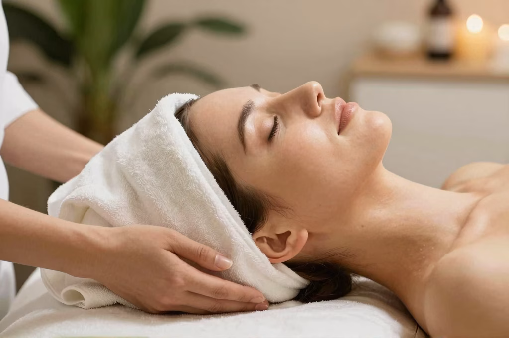 Soin du visage relaxant en institut de beaute, cliente allongee les yeux fermes en ambiance spa