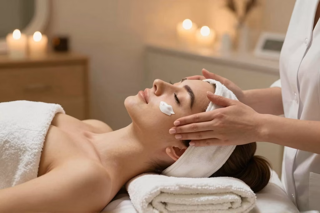 Femme recevant un soin visage professionnel avec application de creme hydratante en institut de beaute