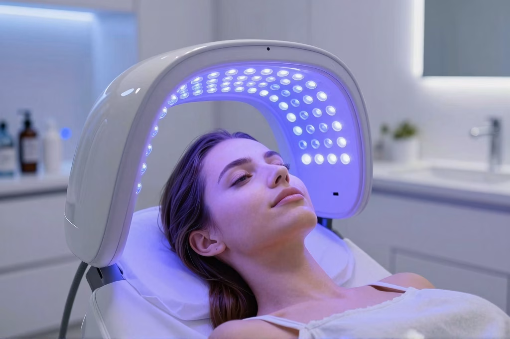 Soin technologique LED en institut de beaute avec masque lumineux violet sur le visage d'une femme