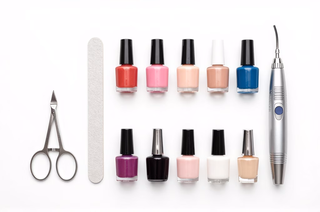Kit professionnel de manucure et pédicure avec outils et vernis disposés en flat lay