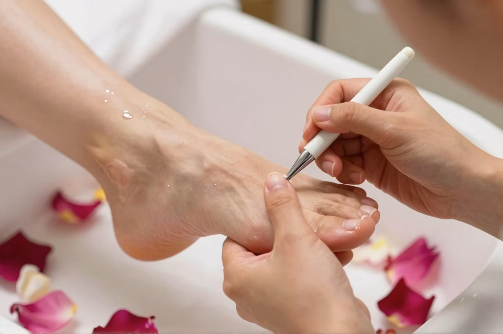 Soin pédicure en institut avec bain de pieds relaxant