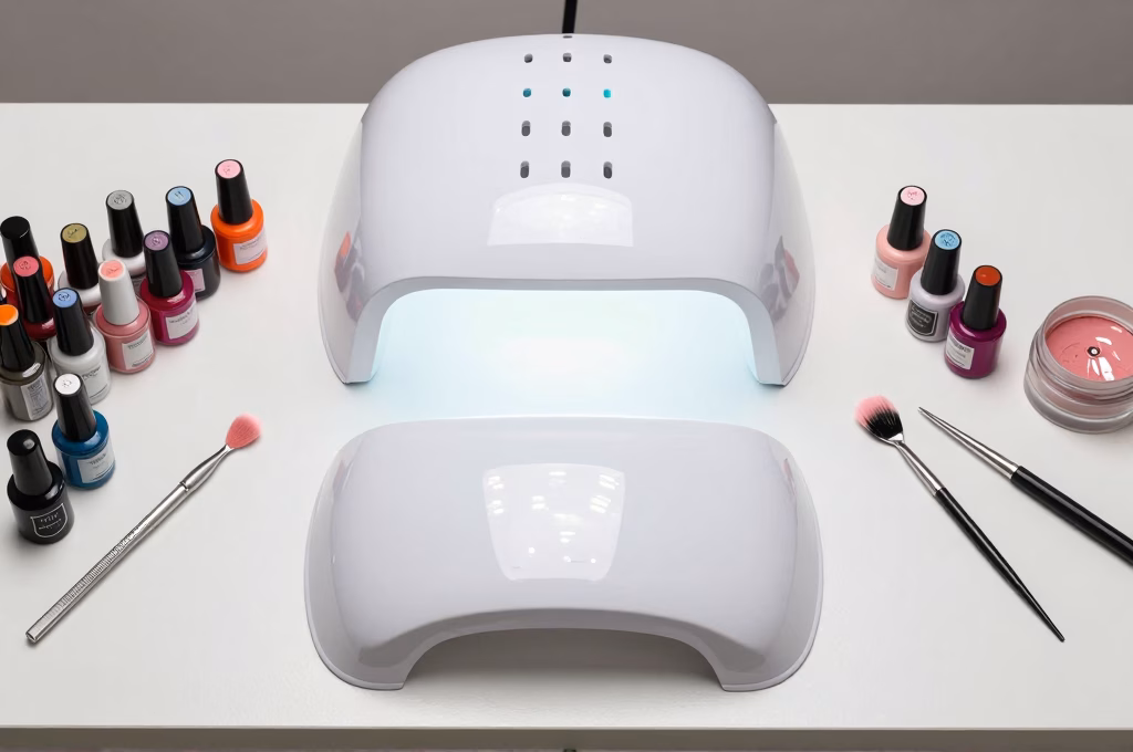 Table d'onglerie professionnelle avec outils et lampe UV