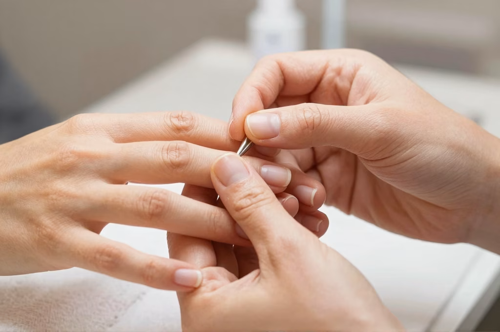 Gros plan des mains d'une femme recevant un soin de manucure professionnel