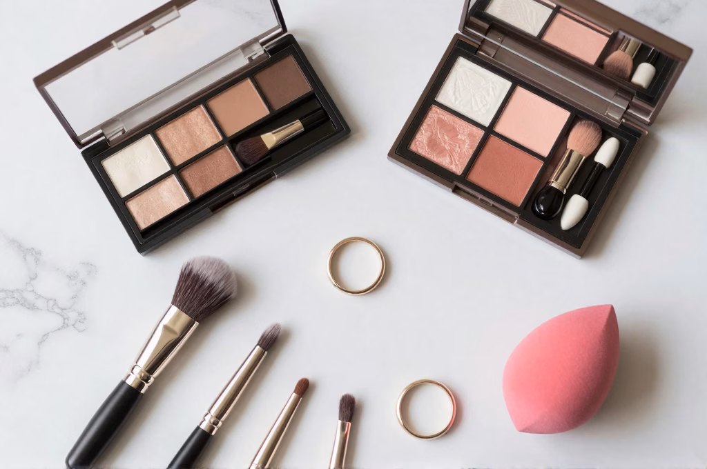 Palette de maquillage professionnel tons nude et rose pour mariage