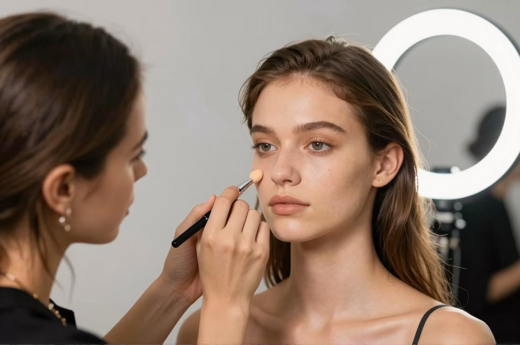 Maquilleuse professionnelle appliquant un fond de teint en studio