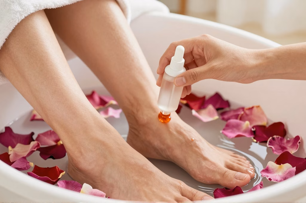 Femme réalisant sa pédicure maison avec bain de pieds relaxant