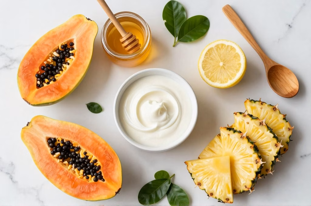 Ingredients naturels pour peeling visage maison : papaye, miel, yaourt et citron sur marbre
