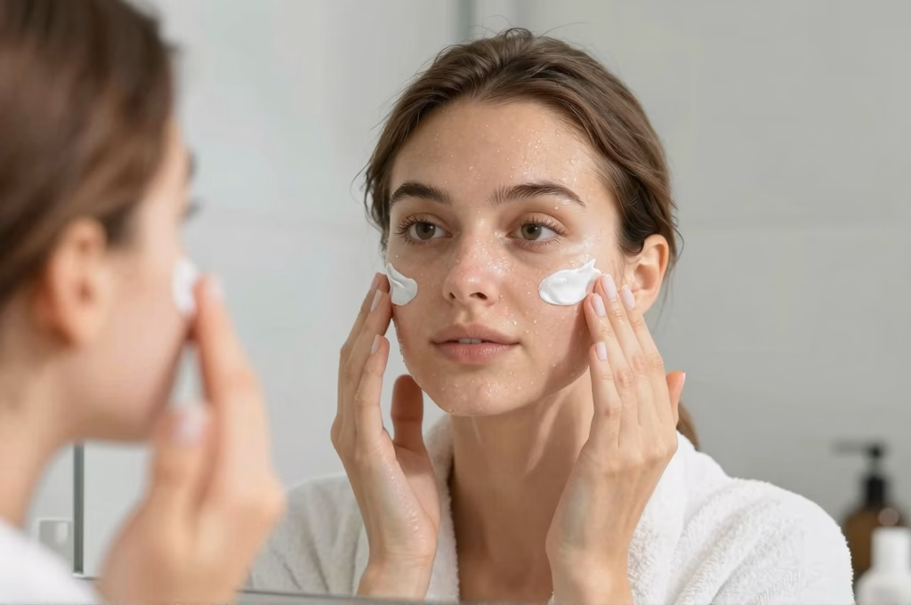 Femme appliquant une creme hydratante apres un peeling visage pour une peau eclatante
