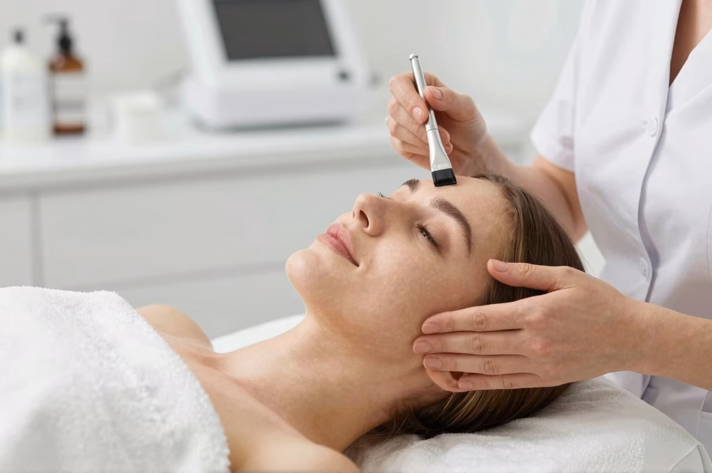 Femme recevant un peeling visage professionnel en cabinet de dermatologie esthetique