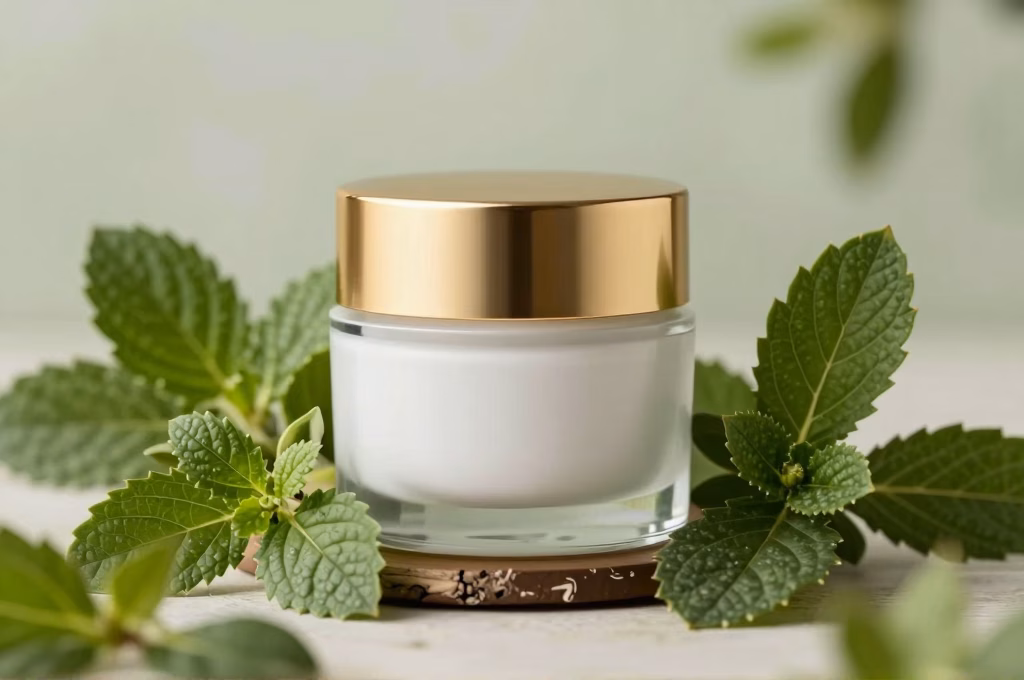 Flacon de crème bio élégant avec ingrédients botaniques frais