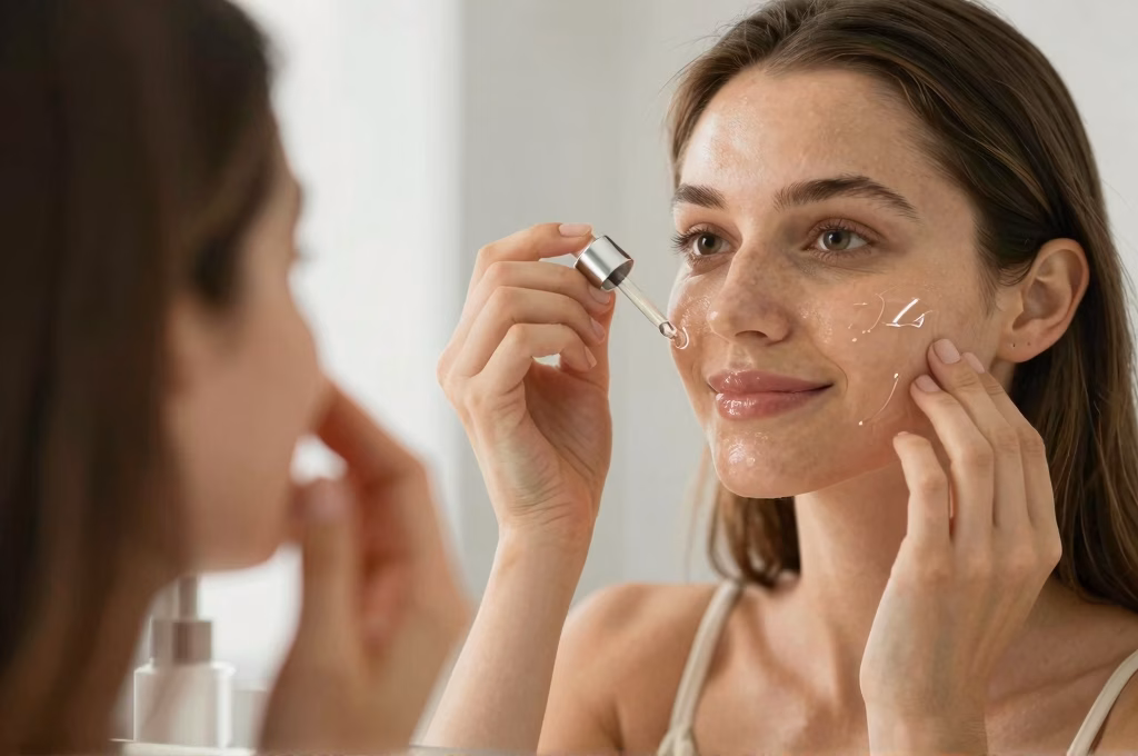 Femme appliquant un sérum visage avec pipette dans salle de bain lumineuse