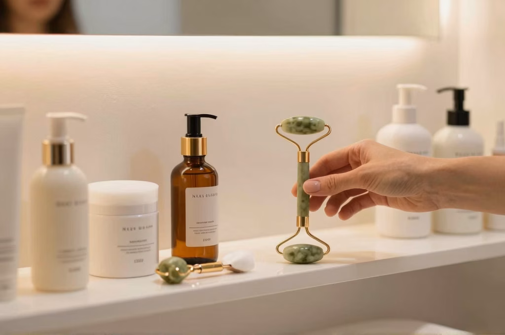 Salle de bain moderne avec produits skincare organisés pour routine du soir
