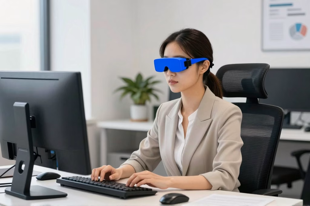 Femme portant des lunettes anti-lumière bleue devant un ordinateur dans un bureau ergonomique