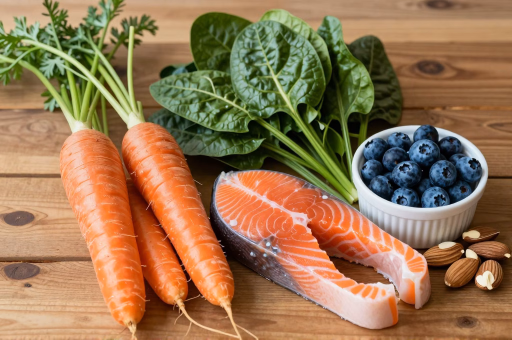 Aliments bénéfiques pour la santé des yeux disposés sur une table en bois - carottes, épinards, saumon, noix et myrtilles