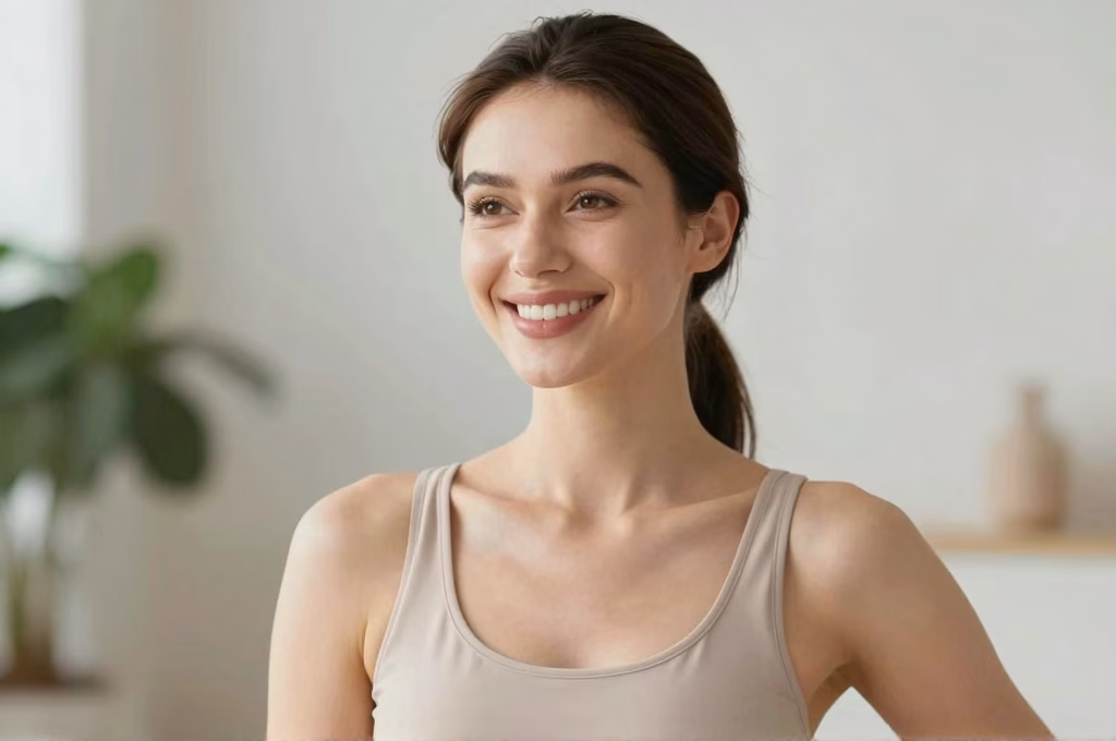 Femme heureuse et confiante affichant les résultats d'une silhouette affinée par un mode de vie sain