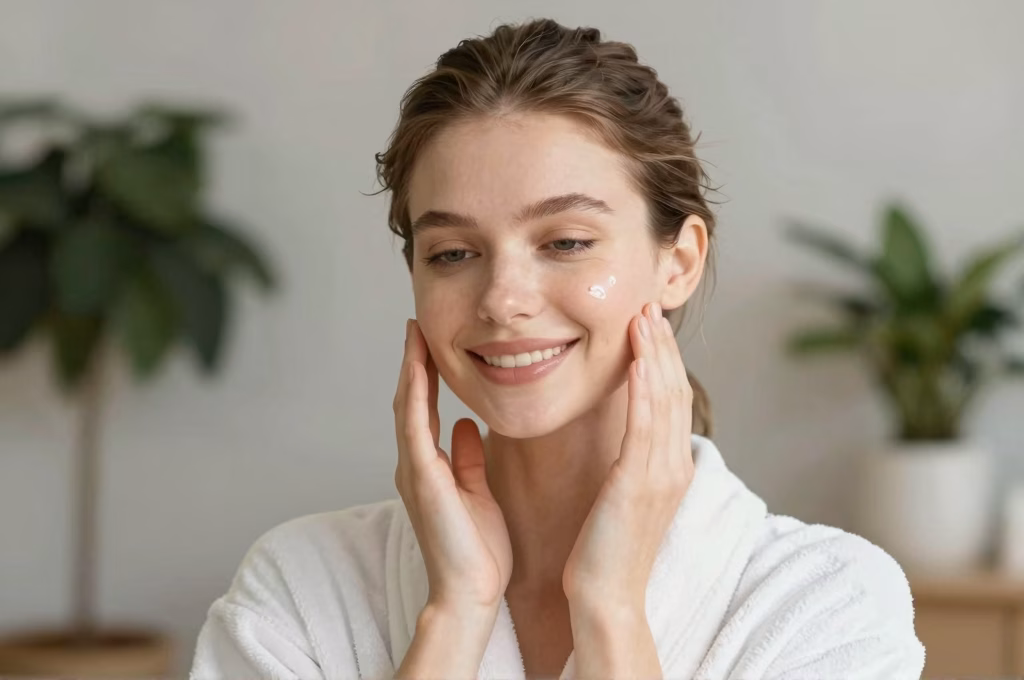 Femme touchant sa peau douce et lisse après un soin hydrafacial en spa moderne