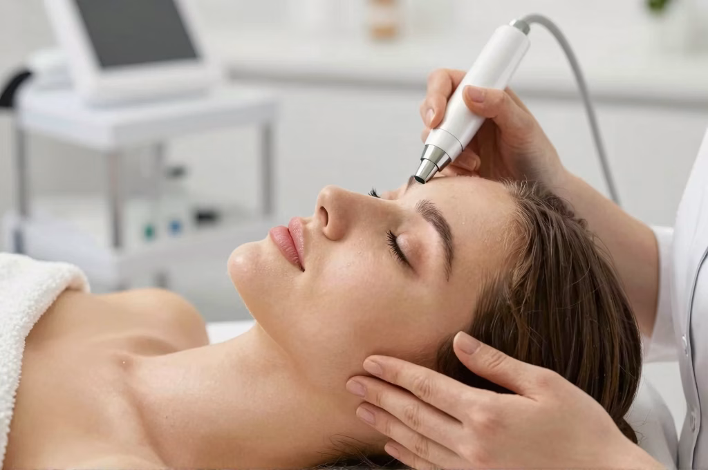 Femme recevant un soin hydrafacial en institut avec appareil professionnel sur le visage